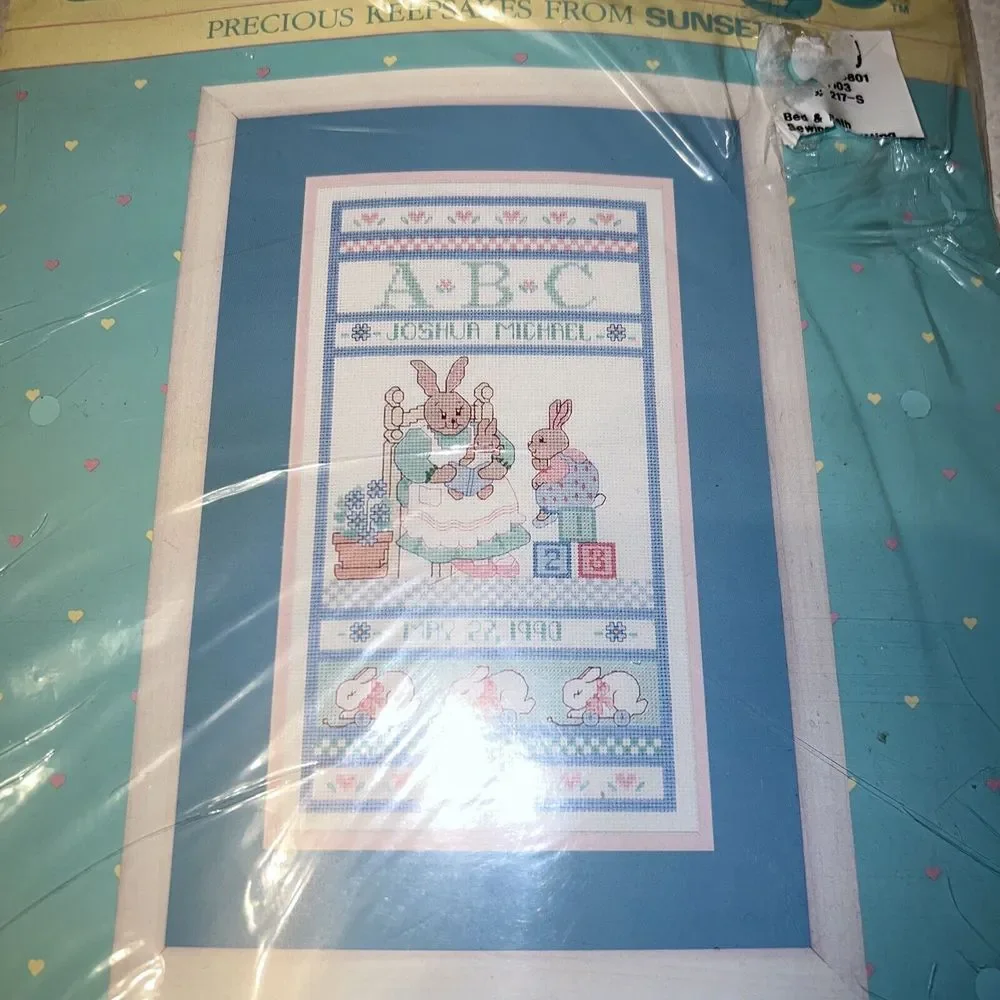 Dimensions Sunset Baby Hugs Bunny Family Birth‎ Record Counted Cross Stitch Kit